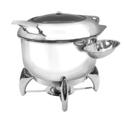 A polished stainless steel Soup Chafer Dish with a domed lid, sturdy handles, and a small attached bowl on the right. It stands on three curved legs with a fuel powered holder below to keep food warm and its surface shines brilliantly.