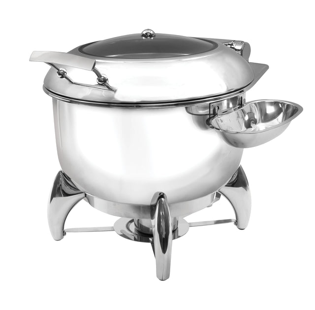 A polished stainless steel Soup Chafer Dish with a domed lid, sturdy handles, and a small attached bowl on the right. It stands on three curved legs with a fuel powered holder below to keep food warm and its surface shines brilliantly.