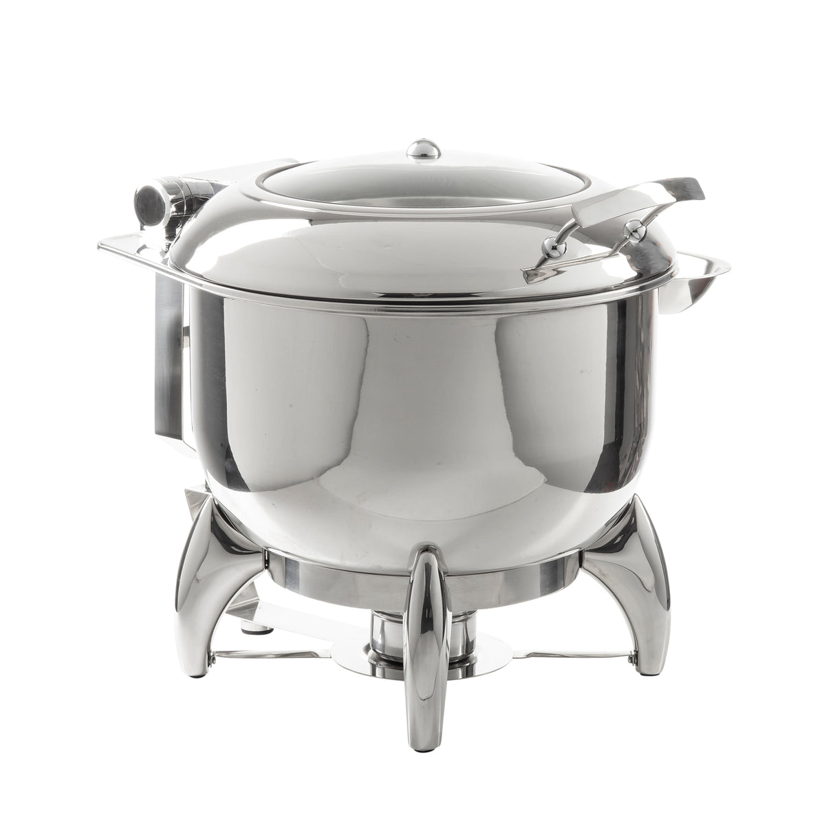 A shiny stainless steel 9 qt. Fuel Soup Chafer Dish with a domed lid and handle sits on a raised stand. The dish features curved legs and a fuel holder underneath, perfect for keeping food warm against a plain white background.