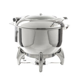 A shiny stainless steel 9 qt. Fuel Soup Chafer Dish with a domed lid and handle sits on a raised stand. The dish features curved legs and a fuel holder underneath, perfect for keeping food warm against a plain white background.