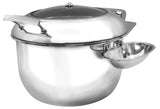 A shiny 9 qt. stainless steel Induction Soup Chafing Dish with a rounded body, domed lid handle, and attached side bowl. Its modern design features a reflective surface and comes with a ladle resting on the side attachment.