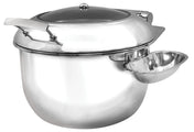 A shiny 9 qt. stainless steel Induction Soup Chafing Dish with a rounded body, domed lid handle, and attached side bowl. Its modern design features a reflective surface and comes with a ladle resting on the side attachment.