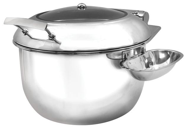 A shiny 9 qt. stainless steel Induction Soup Chafing Dish with a rounded body, domed lid handle, and attached side bowl. Its modern design features a reflective surface and comes with a ladle resting on the side attachment.