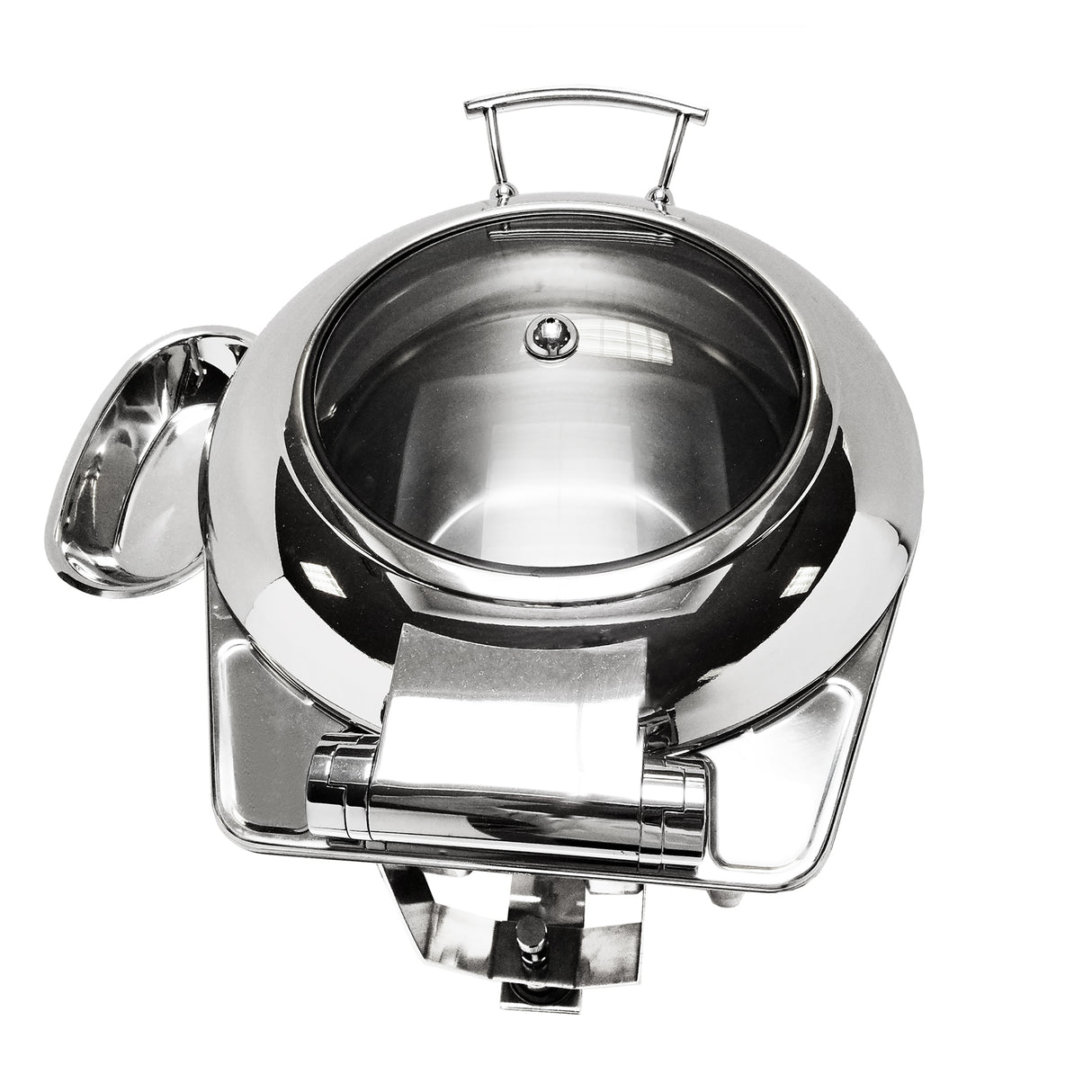A shiny 9 qt stainless steel Induction Soup Chafing Dish with a round, transparent lid, side handle, and attached serving spoon is photographed from above on a white background. The slightly open lid reveals the empty interior and surface reflections.