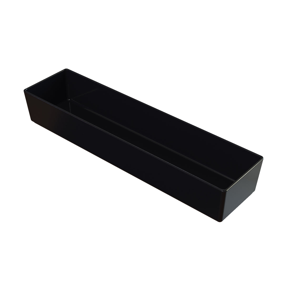 A rectangular, black, open-top plastic tray with straight sides, shown angled on a white background. This dishwasher safe bowl has a glossy finish and is ideal for organizing or holding small items.