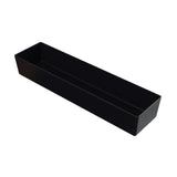 A rectangular, black, open-top plastic tray with straight sides, shown angled on a white background. This dishwasher safe bowl has a glossy finish and is ideal for organizing or holding small items.