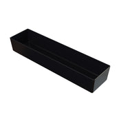 A rectangular, black, open-top plastic tray with straight sides, shown angled on a white background. This dishwasher safe bowl has a glossy finish and is ideal for organizing or holding small items.