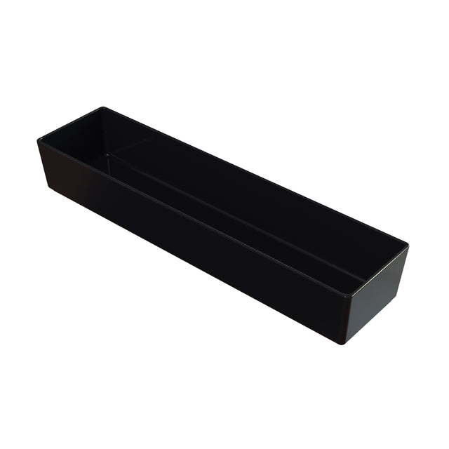 A rectangular, black, open-top plastic tray with straight sides, shown angled on a white background. This dishwasher safe bowl has a glossy finish and is ideal for organizing or holding small items.