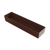 A rectangular, deep brown plastic tray with straight sides and no handles, photographed against a white background. The dishwasher safe tray is empty and angled to show both the interior and one long side.