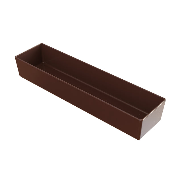 A rectangular, deep brown plastic tray with straight sides and no handles, photographed against a white background. The dishwasher safe tray is empty and angled to show both the interior and one long side.