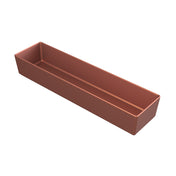 A rectangular, reddish-brown plastic planter box with straight sides and an open top, shown empty on a white background. Its narrow, long shape resembles a cast aluminum bowl, making it suitable for small plants or herbs.