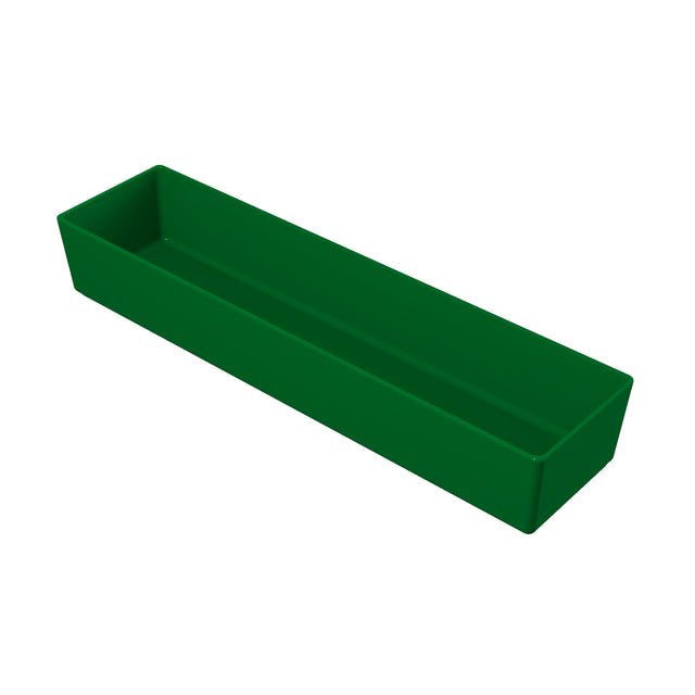 A long, rectangular, dark green plastic tray with straight sides and a flat bottom, shown on a white background. The tray appears empty and has a simple, functional design, perfect for use as a cold holding bowl in food service settings.