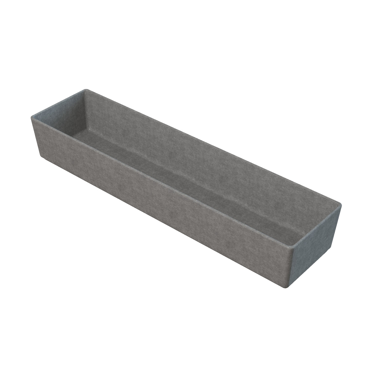 A rectangular, grey, felt drawer organizer tray with straight sides and an open top, shown on a white background. Its long, narrow shape is ideal for organizing items like utensils or office supplies—perfect alongside your NSF bowl or cold holding bowl.