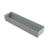 A rectangular, light gray plastic container with straight sides and an open top, viewed at an angle on a white background. This long, narrow cold holding bowl resembles a tray or small storage bin.