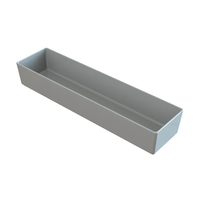A rectangular, light gray plastic container with straight sides and an open top, viewed at an angle on a white background. This long, narrow cold holding bowl resembles a tray or small storage bin.