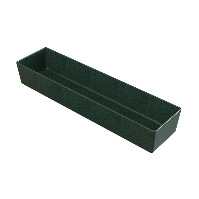 A rectangular, dark green, plastic planter box with straight sides and a flat bottom. Similar in versatility to a cold holding bowl, the empty box sits on a white background, viewed at an angle showing both inner and outer surfaces.