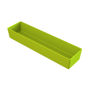 A rectangular, lime green plastic tray with straight sides and rounded corners, photographed on a white background. The tray is empty with a smooth texture, ideal for organizing small items or pairing with a cold holding bowl for food service.