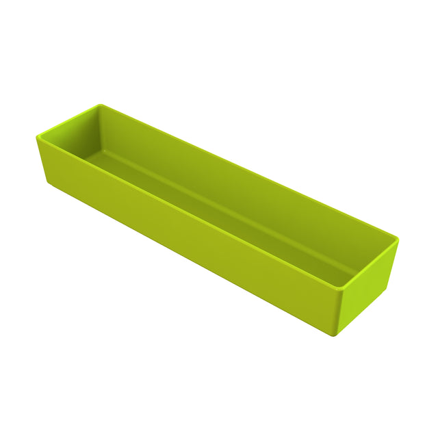 A rectangular, lime green plastic tray with straight sides and rounded corners, photographed on a white background. The tray is empty with a smooth texture, ideal for organizing small items or pairing with a cold holding bowl for food service.