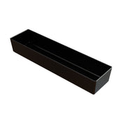 A rectangular, black plastic tray with straight sides and a deep interior is shown on a white background. The tray, resembling a cold holding bowl, features small, evenly spaced white dots across its surface for a subtle, speckled design.