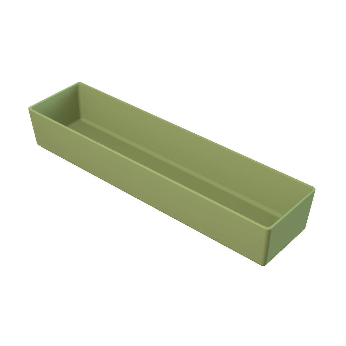 A rectangular, open-top, olive-green plastic tray with straight sides and sharp corners. The dishwasher safe tray is empty and placed on a white background, shown at an angle revealing its depth and interior.