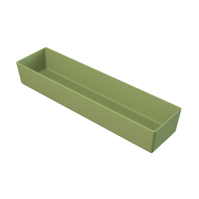 A rectangular, open-top, olive-green plastic tray with straight sides and sharp corners. The dishwasher safe tray is empty and placed on a white background, shown at an angle revealing its depth and interior.