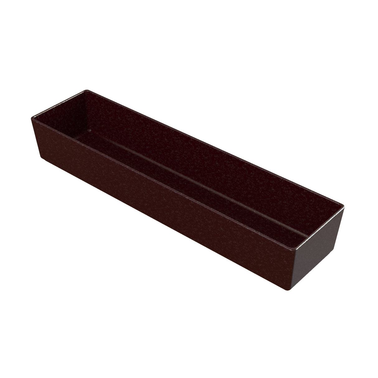 A long, rectangular, dark brown tray with slightly angled sides and a smooth surface, photographed on a white background. This minimalist, modern design is dishwasher safe for easy cleaning.