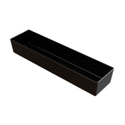 A rectangular, black, speckled tray with straight sides and no handles. Crafted from cast aluminum, this dishwasher safe tray is empty and shown on a white background. Small white specks give its surface a starry appearance.