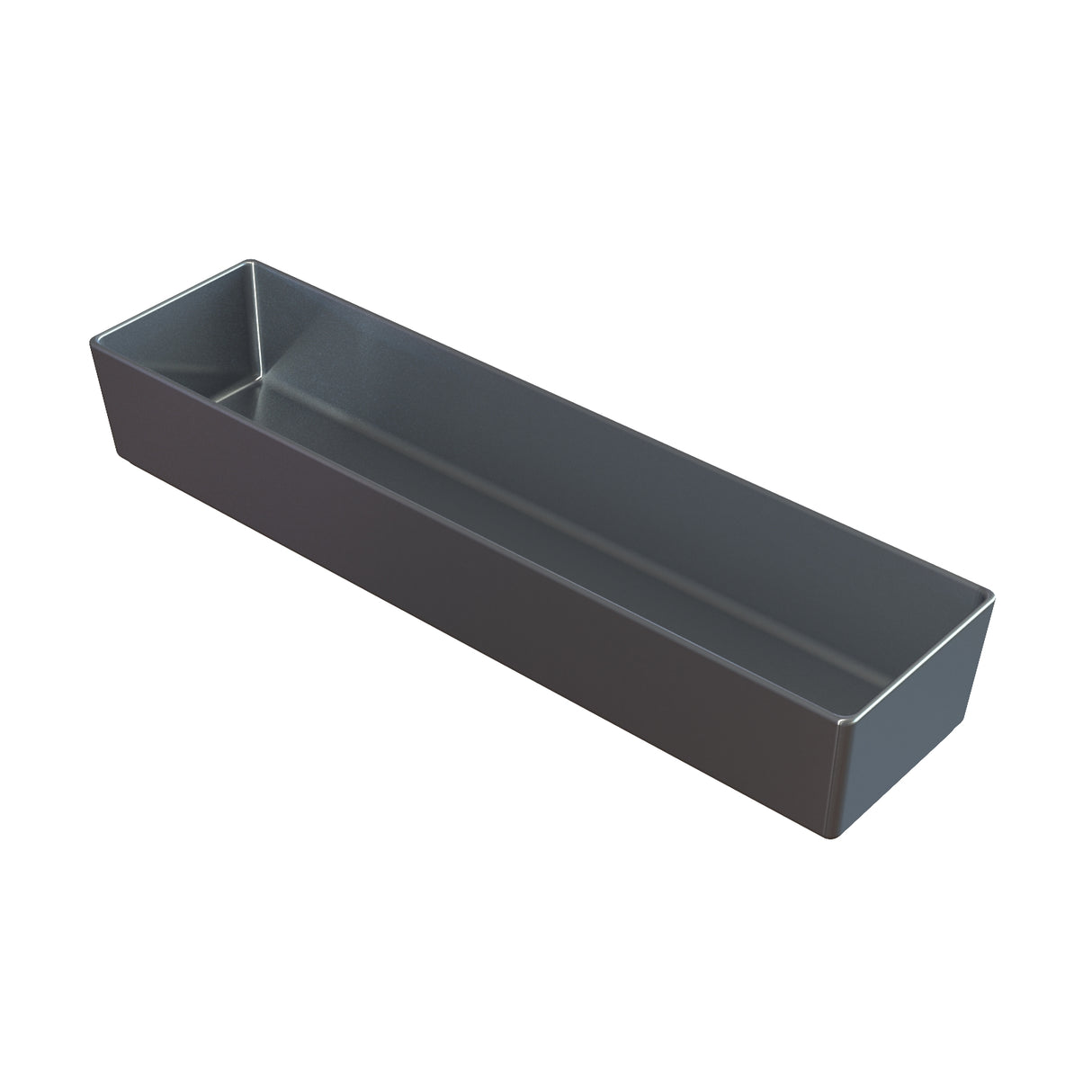 A rectangular, deep sand cast aluminum baking tray with straight sides and a smooth, shiny surface. The tray is empty, positioned at a slight angle, and set against a plain white background.