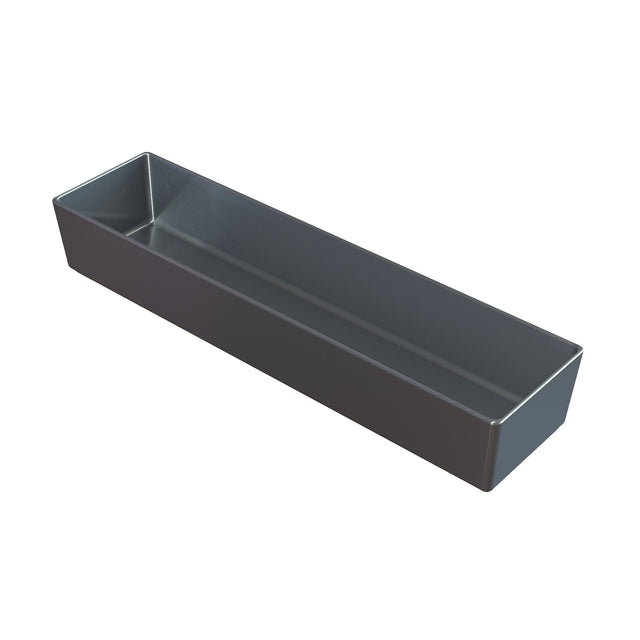 A rectangular, deep sand cast aluminum baking tray with straight sides and a smooth, shiny surface. The tray is empty, positioned at a slight angle, and set against a plain white background.