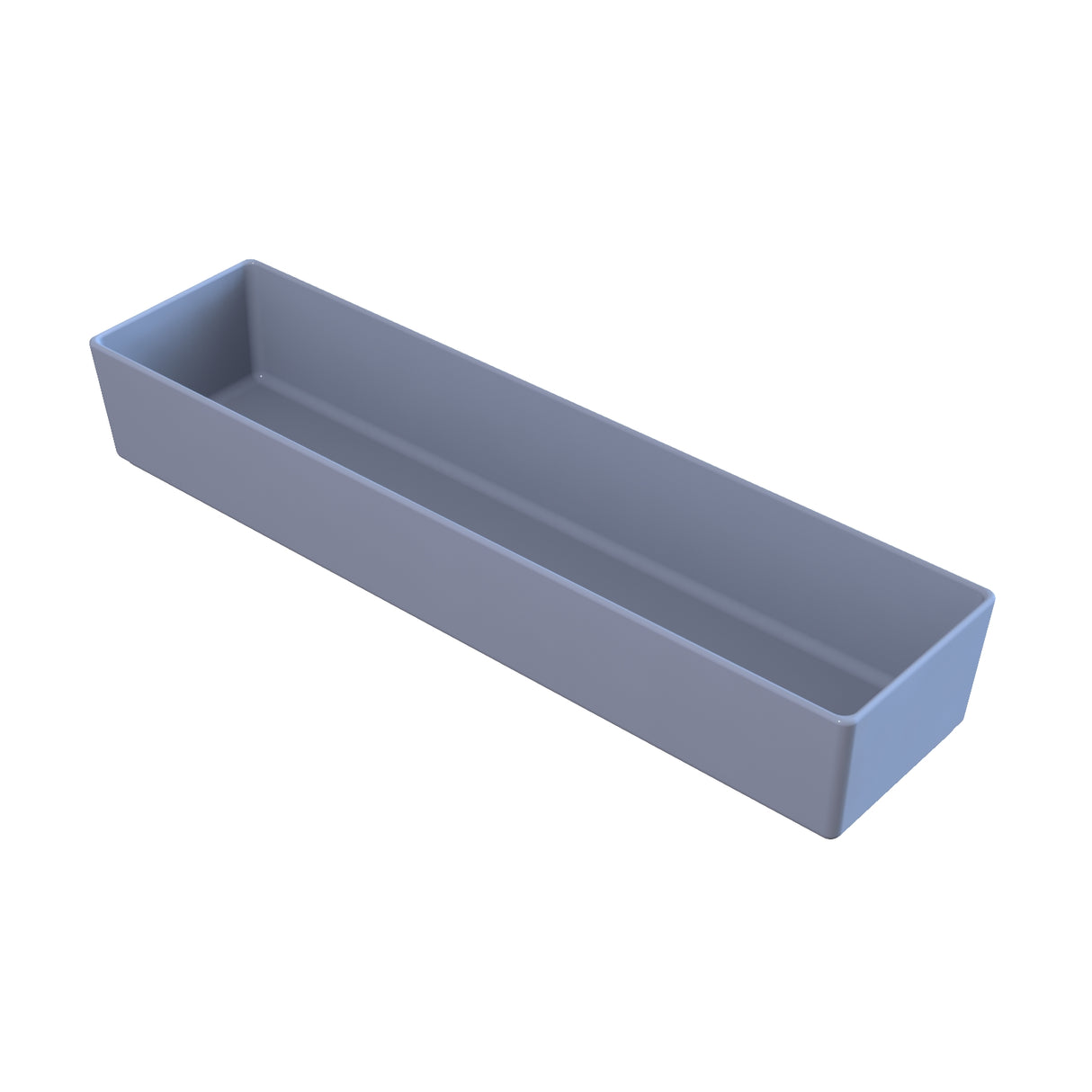 A rectangular, gray, open-top cast aluminum bowl with smooth sides and sharp corners is shown on a white background. The container is empty and oriented at a slight angle, revealing its depth and interior space.