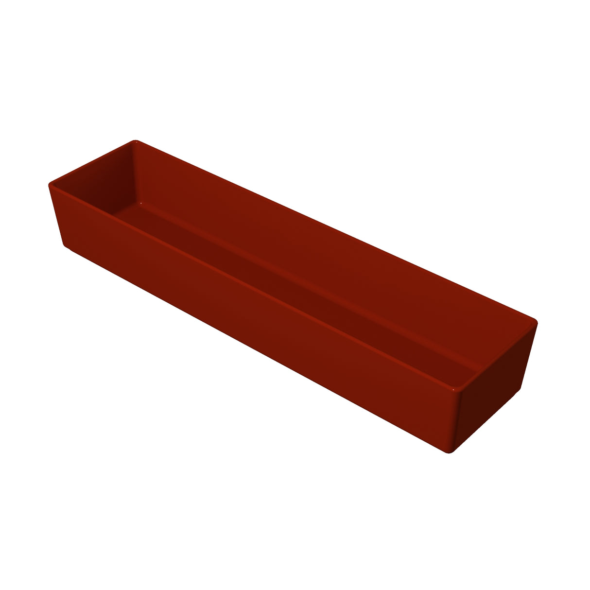 A rectangular, deep red tray with straight sides and a flat bottom, viewed from a slight angle against a plain white background. This dishwasher safe tray appears to be empty and made of smooth material.
