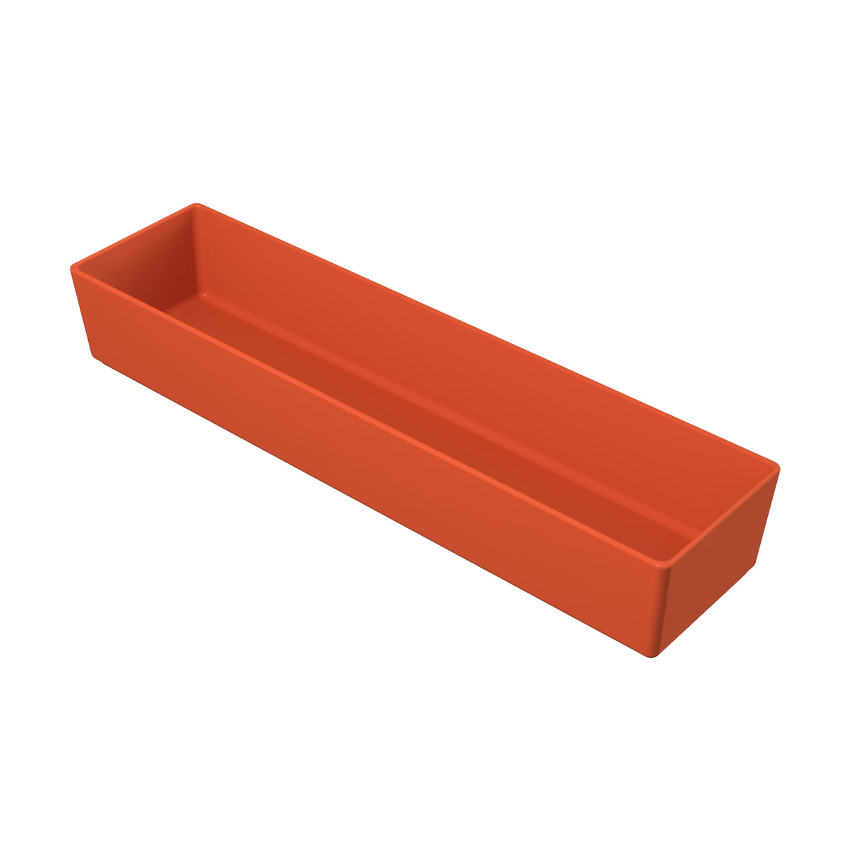 A rectangular, orange, open-top container with straight sides and a flat base, photographed on a white background. This long and narrow tray resembles an organizer or cold holding bowl, ideal for keeping items chilled and neatly arranged.