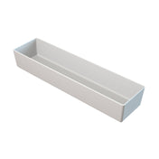 A rectangular, white, open-top NSF bowl with straight sides and a flat bottom, photographed on a white background and angled to show both the inside and side edges. The tray is empty and appears designed for organizing long, narrow items.