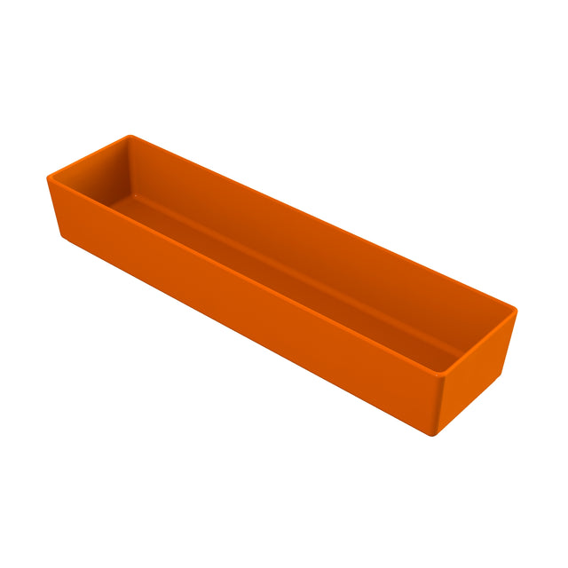 A rectangular, orange plastic tray with straight sides and a flat bottom, shown on a white background. The tray is empty and appears shallow, suitable for organizing small items or holding dishwasher safe bowl accessories.