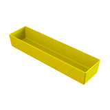 A rectangular, yellow plastic container with straight sides and an open top, shown on a white background. The container appears empty and is ideal as a dishwasher safe bowl for holding long, narrow items such as pencils or utensils.