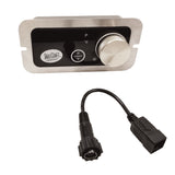 A rectangular Replacement Control Panel for a drop-in induction cooktop features a large silver knob, black faceplate, and three buttons marked P, F, and a power symbol. Below it is a black cable adapter with circular and rectangular connectors.