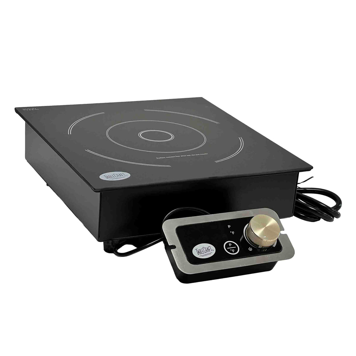 A sleek, black single burner induction cooktop with white circular markings sits on the countertop. It features a flat cooking surface, a separate rectangular control panel with a metallic knob and digital display, and a visible power cord.