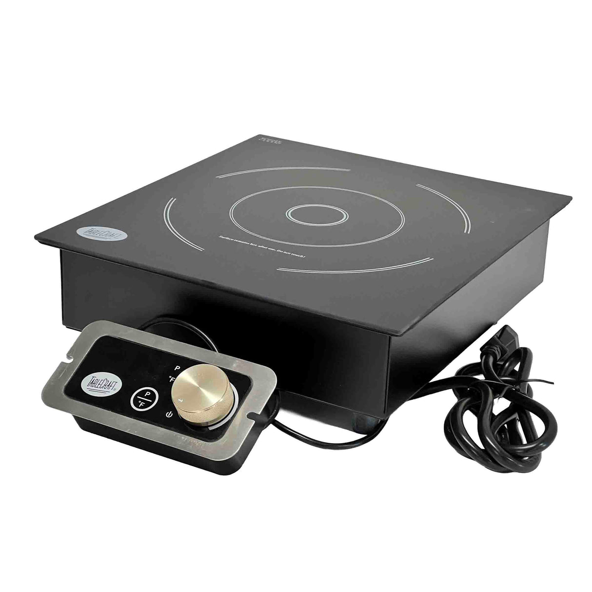 A sleek, modern rectangular single burner Induction Cooktop with a circular design on its surface, detachable control panel with a large round knob and buttons, sits neatly on your countertop. The coiled power cord rests beside it.