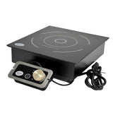 A sleek, modern rectangular single burner Induction Cooktop with a circular design on its surface, detachable control panel with a large round knob and buttons, sits neatly on your countertop. The coiled power cord rests beside it.