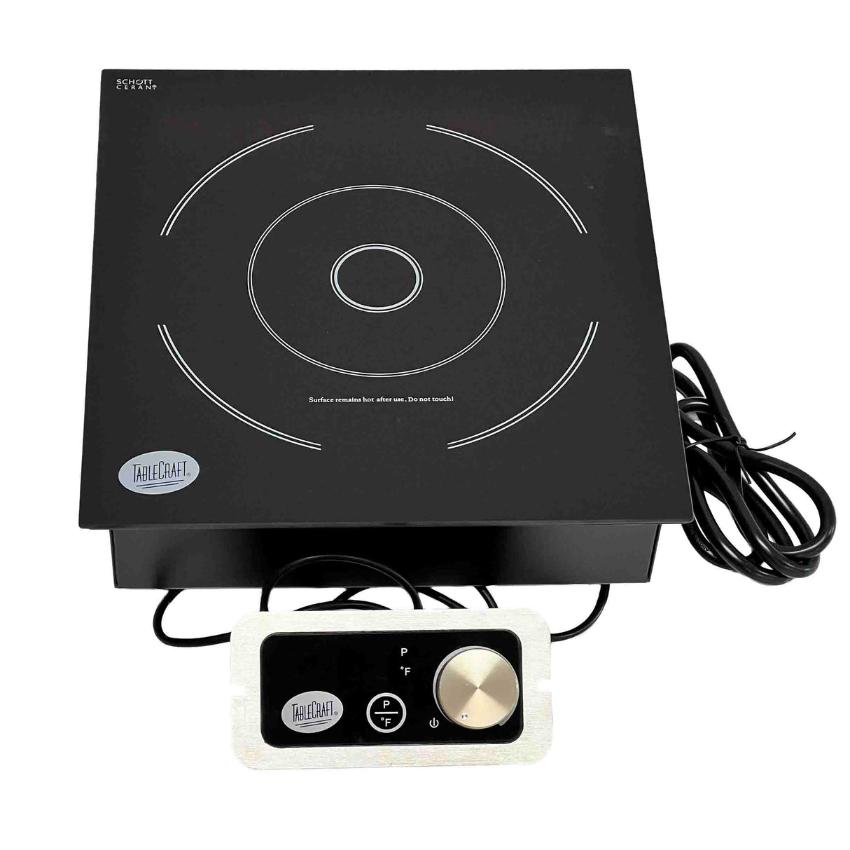A black single burner induction cooktop with a circular cooking zone design, accompanied by a separate control panel featuring a large silver knob and buttons. The countertop cooktop and control panel are connected by a wire, both displaying brand logos.