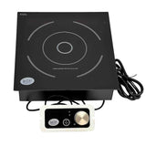 A black single burner induction cooktop with a circular cooking zone design, accompanied by a separate control panel featuring a large silver knob and buttons. The countertop cooktop and control panel are connected by a wire, both displaying brand logos.