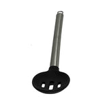 A slotted spoon with a round black silicone head featuring three rectangular slots and a long silver handle with a metal hanging loop at the end, photographed on a white background.