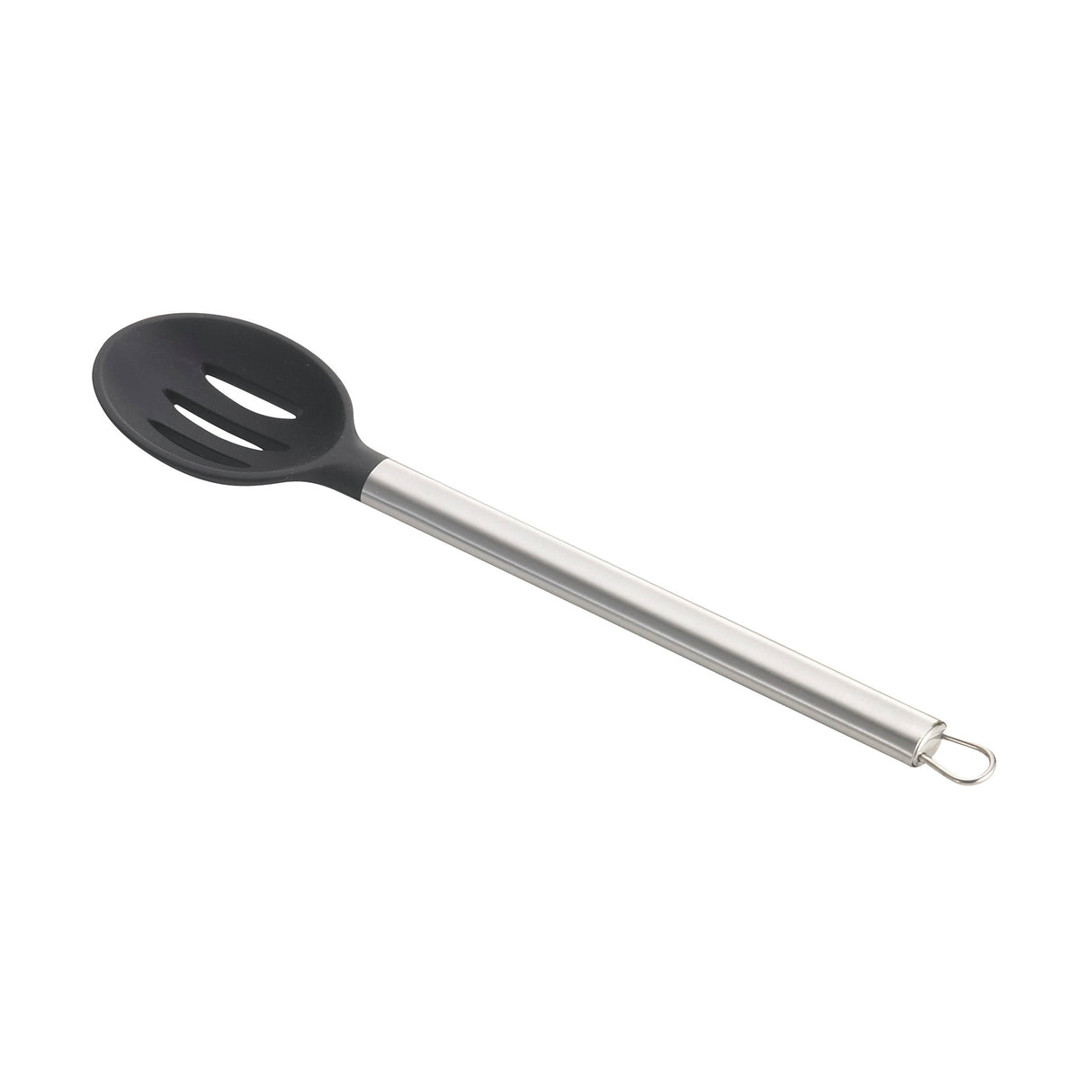 A black slotted silicone spoon with a long, stainless steel handle and a hanging loop at the end. The spoon’s oval head features three slots for draining liquids, making it an ideal serving spoon for everyday kitchen use.