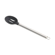A black slotted silicone spoon with a long, stainless steel handle and a hanging loop at the end. The spoon’s oval head features three slots for draining liquids, making it an ideal serving spoon for everyday kitchen use.