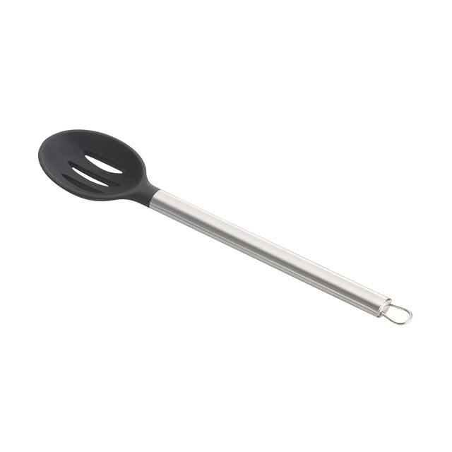 A black slotted silicone spoon with a long, stainless steel handle and a hanging loop at the end. The spoon’s oval head features three slots for draining liquids, making it an ideal serving spoon for everyday kitchen use.