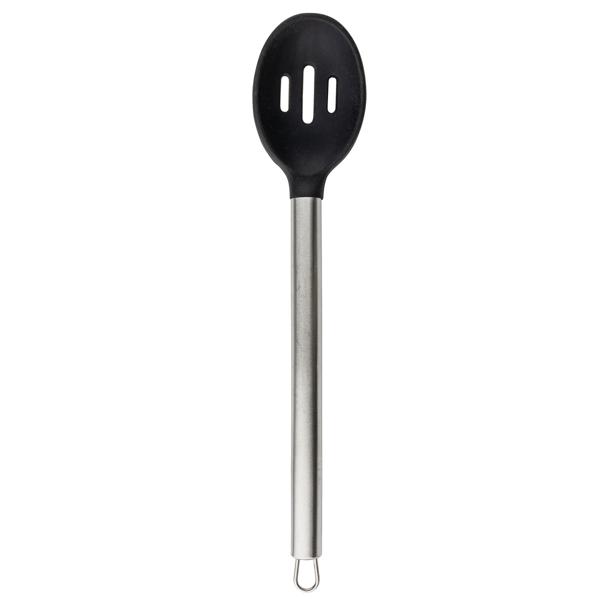 A black slotted silicone spoon with an oval head featuring two elongated holes, attached to a long stainless steel handle with a small loop at the end for hanging, shown on a plain white background.