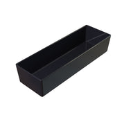 A rectangular, deep black tray with smooth sides and sharp corners is shown against a white background. This cold holding bowl appears to be made of glossy plastic or metal and is empty.