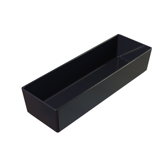 A rectangular, deep black tray with smooth sides and sharp corners is shown against a white background. This cold holding bowl appears to be made of glossy plastic or metal and is empty.