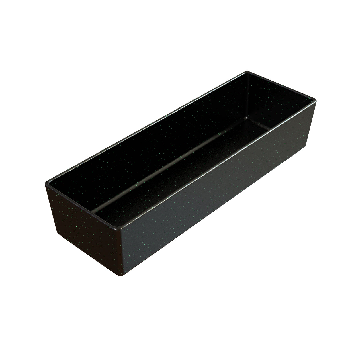 A rectangular, deep black cast aluminum bowl with high sides and a glossy finish, featuring subtle white speckles throughout. The empty bowl is pictured against a white background, emphasizing its smooth and reflective surface.