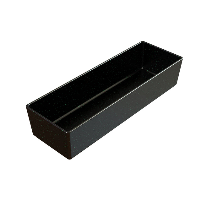 A rectangular, deep black cast aluminum bowl with high sides and a glossy finish, featuring subtle white speckles throughout. The empty bowl is pictured against a white background, emphasizing its smooth and reflective surface.